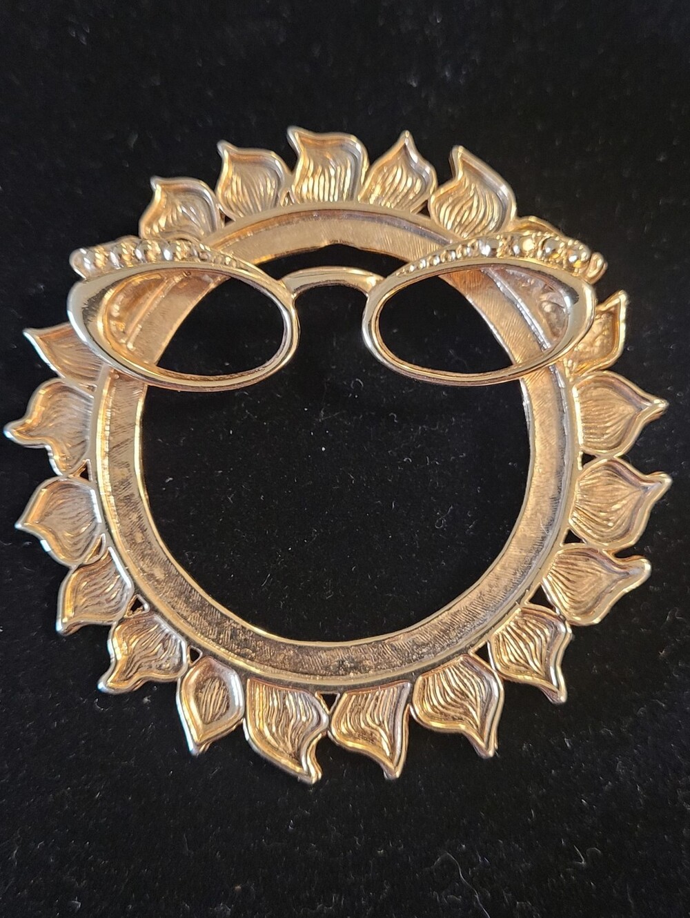 Vintage Gold Tone Sun Face Brooch Rhinestone Eyeglasses Figural Statement Pin